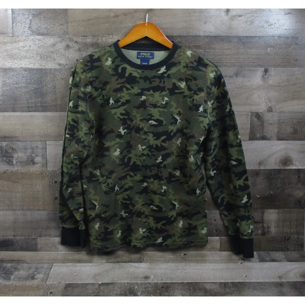 Polo Ralph Lauren Sweater Mens M Green Camo Waffle Thermal Pullover Logo
